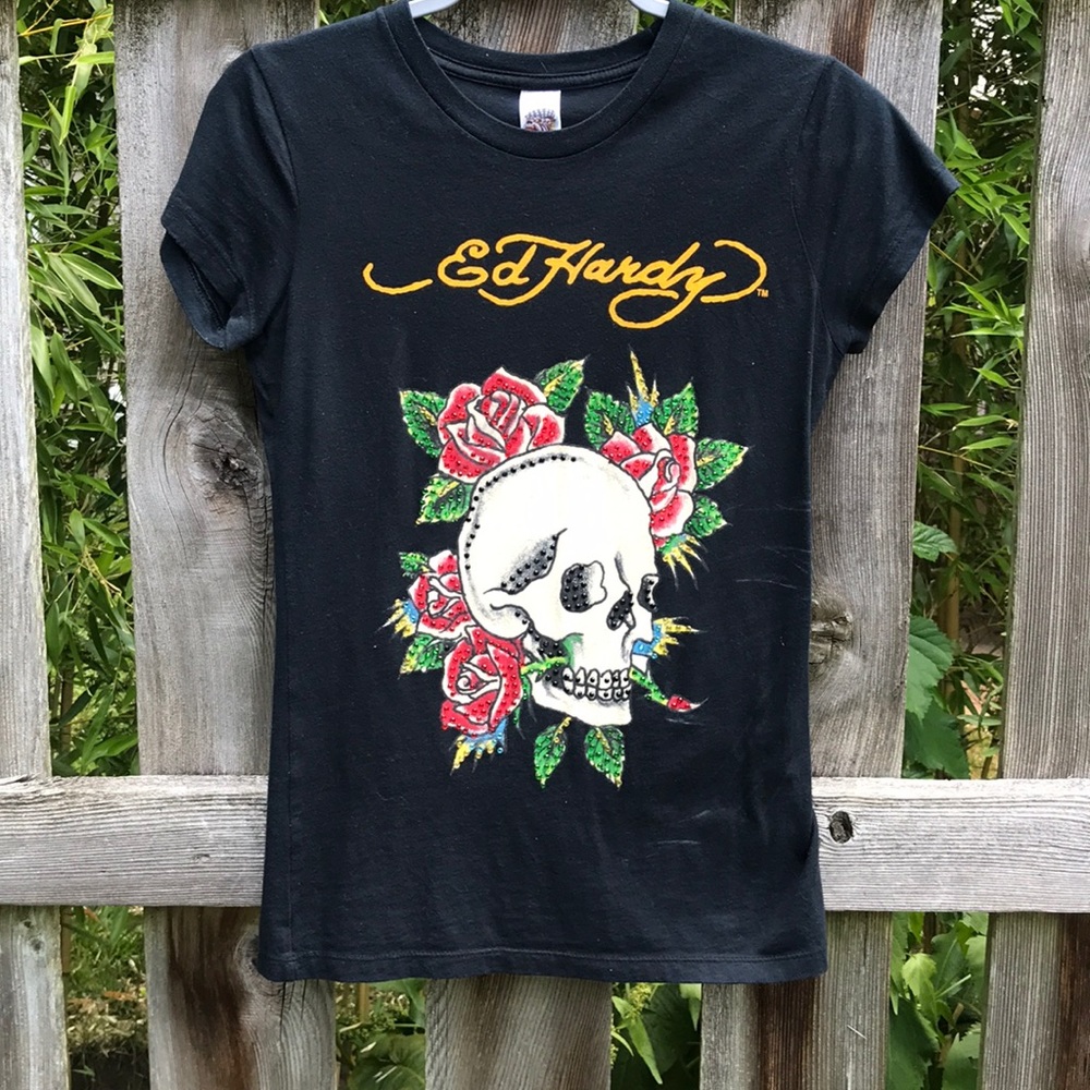Ed Hardy Jeweled Skull💀 & Roses🌹 Tee Shirt sz S